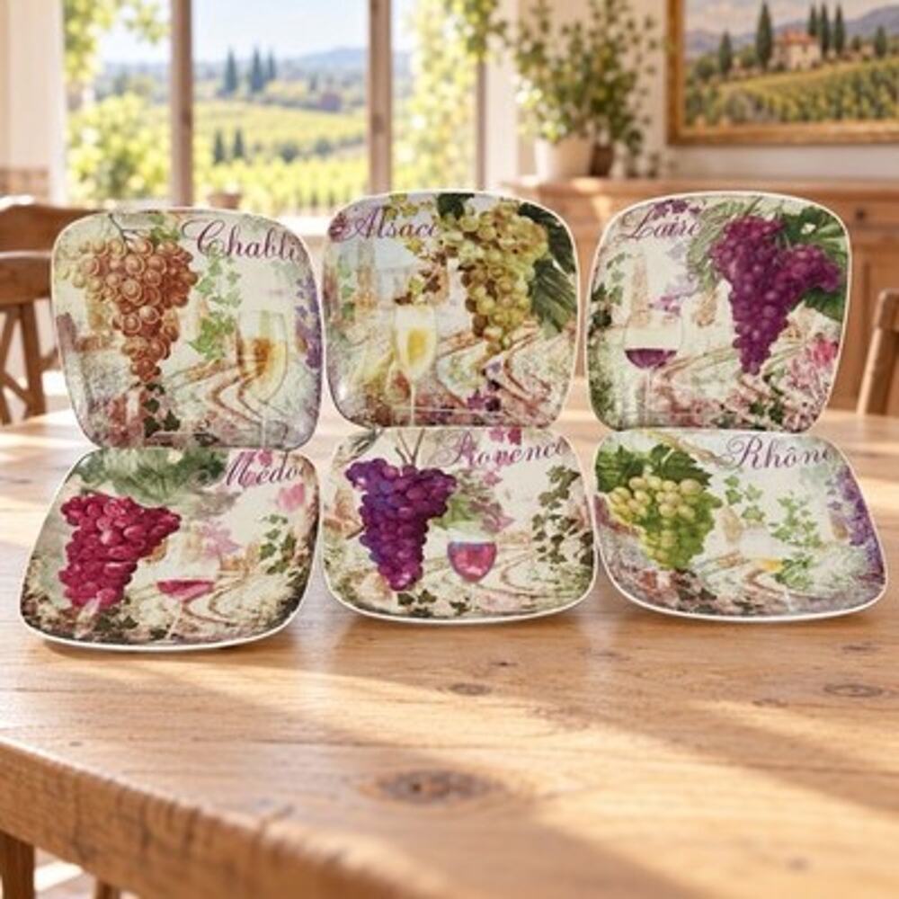 Pfaltzgraff Wine Country Set of 6 Square Appetizer Plates Grapes 6.25”